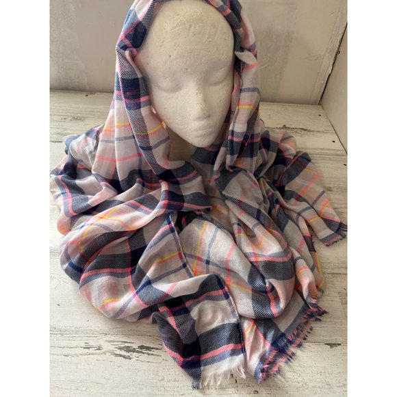 Woman’s pink/blue/yellow plaid lightweight scarf with fringe - Picture 1 of 3